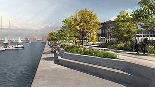 Visualisierung: Uferpromenade mit Bäumen, Spaziergängern und Segelbooten im Hafen an einem bewölkten Tag