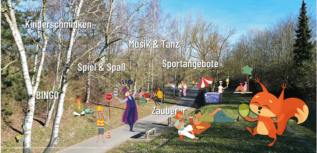 Weg im Grünen mit verschiedenen Aktivitäten wie Hebebühne, Kinderschminken, Musik & Tanz, Sportangebote, Minibagger, Bingo, Zauberer und Spiel & Spaß, dargestellt durch Figuren und Beschriftungen