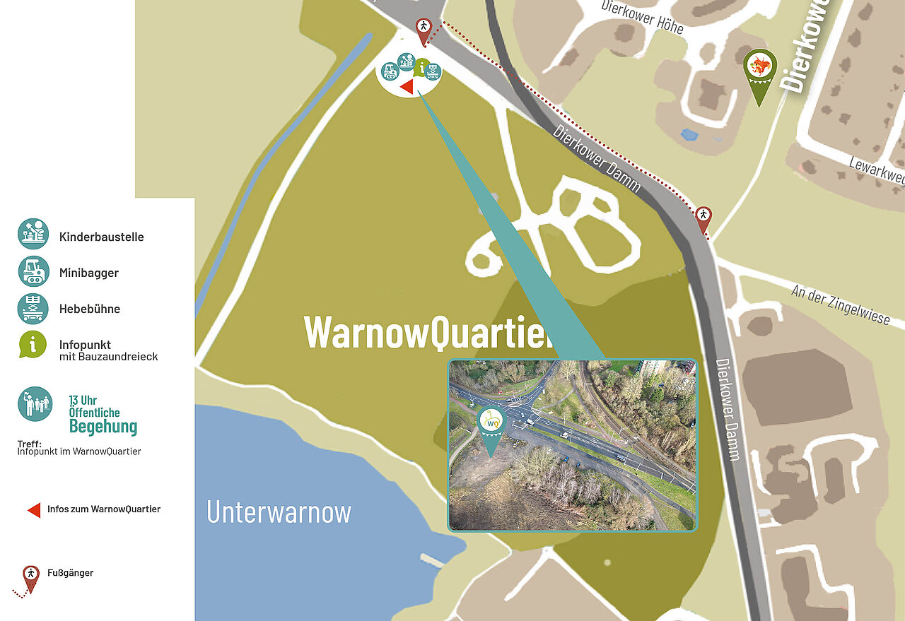 Karte des WarnowQuartiers mit Markierungen für Kinderbaustelle, Minibagger, Hebebühne, Infopunkt und Fußgängerweg, Lage an der Unterwarnow