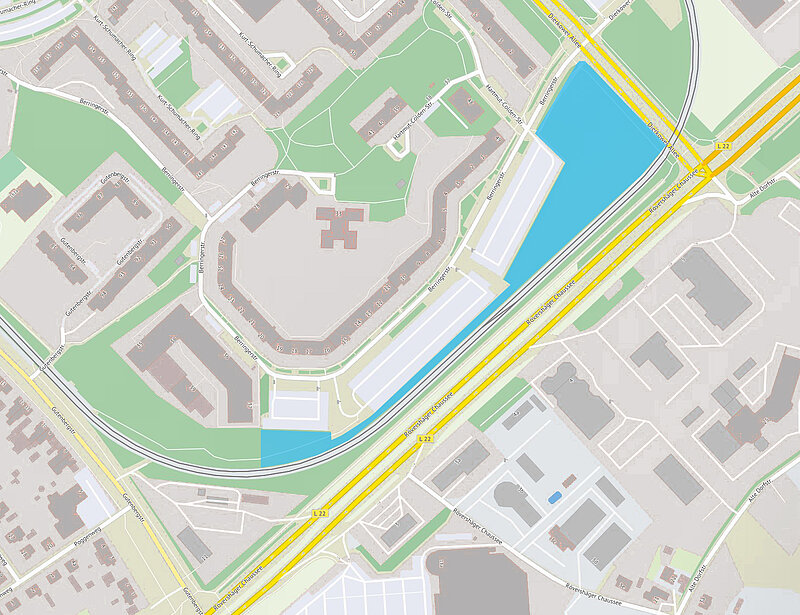Kartenausschnitt mit Straßen, Gebäuden und einer blau gekennzeichneten Lage der Grünfläche Gutenbergstraße