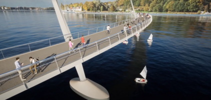 Visualisierung von Schrägseilbrücke über ruhige Warnow mit Fußgängern und kleinen Segelbooten darunter, umgeben von herbstlichen Bäumen