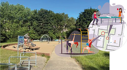 Spielplatz mit Sandfläche, Klettergeräten und Bänken, umgeben von Bäumen, mit einer Illustration von zwei Personen beim Training und einem Lageplan