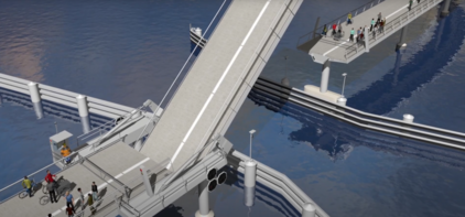 Schräg gestellte Klappbrücke über Wasser mit Fußgängern und Radfahrern auf dem Weg