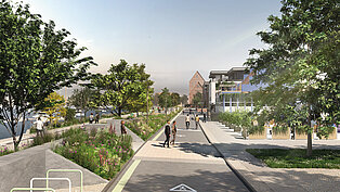 Visualisierung der Promenade am Stadthafen mit Bäumen, Blumenbeeten und modernen Gebäuden im Hintergrund