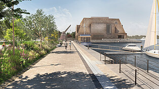 Visualiserung: Promenade am Stadthafen mit Fußgängern, Bäumen links und einem modernen Backsteingebäude am Wasser rechts