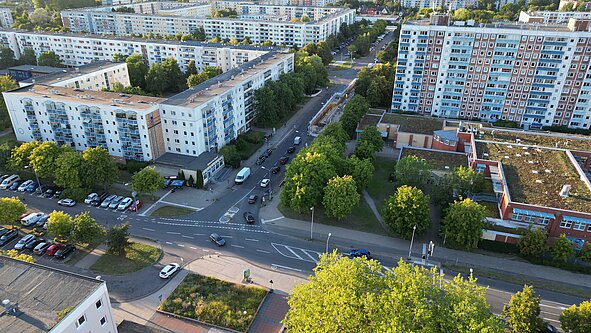 Luftaufnahme von Lichtenhagen mit Blick auf die Güstrower und Parchimer Straße mit mehrstöckigen Plattenbauten, Straßen mit parkenden Autos und vielen Bäumen