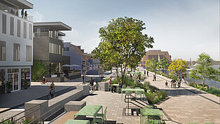 Visualisierung einer Promenade am Hafen mit Sitzgelegenheiten, Bäumen und Menschen, moderne Gebäude links, Wasser rechts
