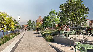 Visualisierung: Breiter gepflasterter Weg am Stadthafen mit Bäumen, Sitzbereichen und Menschen, im Hintergrund Gebäude und Wasser