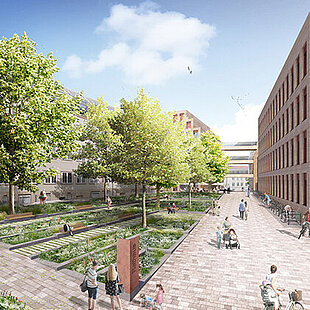 Innenhof mit Bäumen, Sitzbereichen und Pflanzbeeten zwischen modernen und historischen Gebäuden, Menschen gehen und sitzen