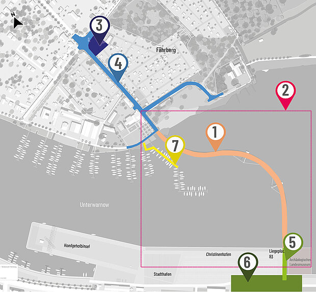 Lageplan der Warnowbrücke mit farblich markierten Wegen und nummerierten Maßnahmenpunkten 1 bis 7, zeigt Straßen, Gebäude und Wasserflächen in der Umgebung
