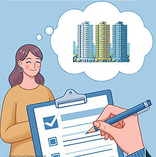 Illustration einer Stadtteilumfrage mit einer nachdenklichen Frau und einer Hand, die ein Formular ausfüllt. Im Hintergrund sind Häuser in einer Sprechblase.