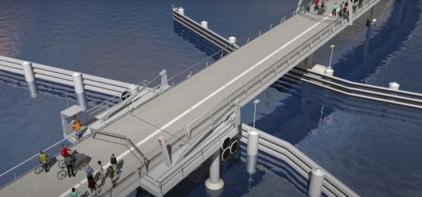 Brücke über Wasser mit mehreren Personen und Fahrrädern, die die Brücke überqueren Tex