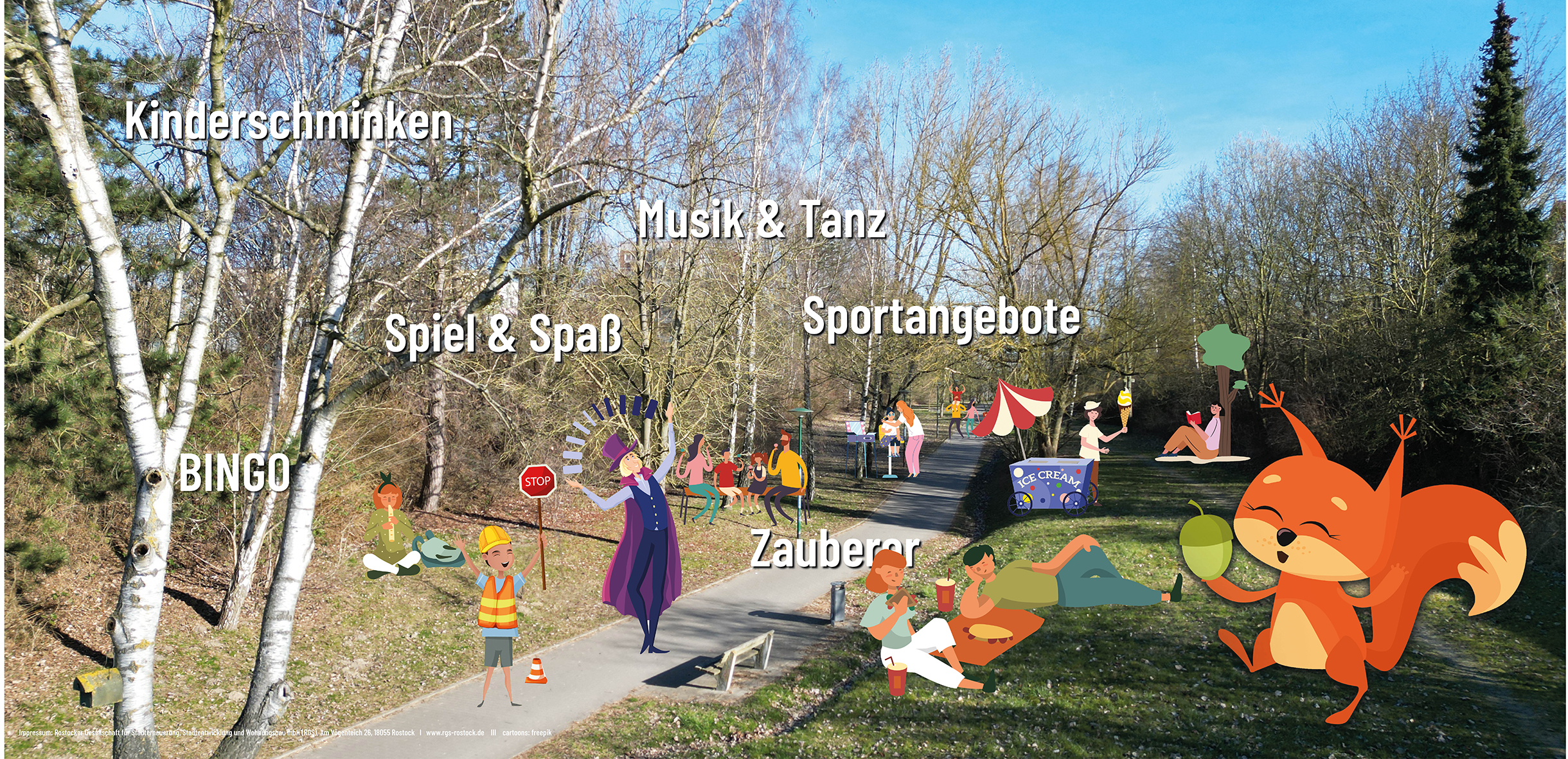 Weg im Grünen mit verschiedenen Aktivitäten wie Hebebühne, Kinderschminken, Musik & Tanz, Sportangebote, Minibagger, Bingo, Zauberer und Spiel & Spaß, dargestellt durch Figuren und Beschriftungen