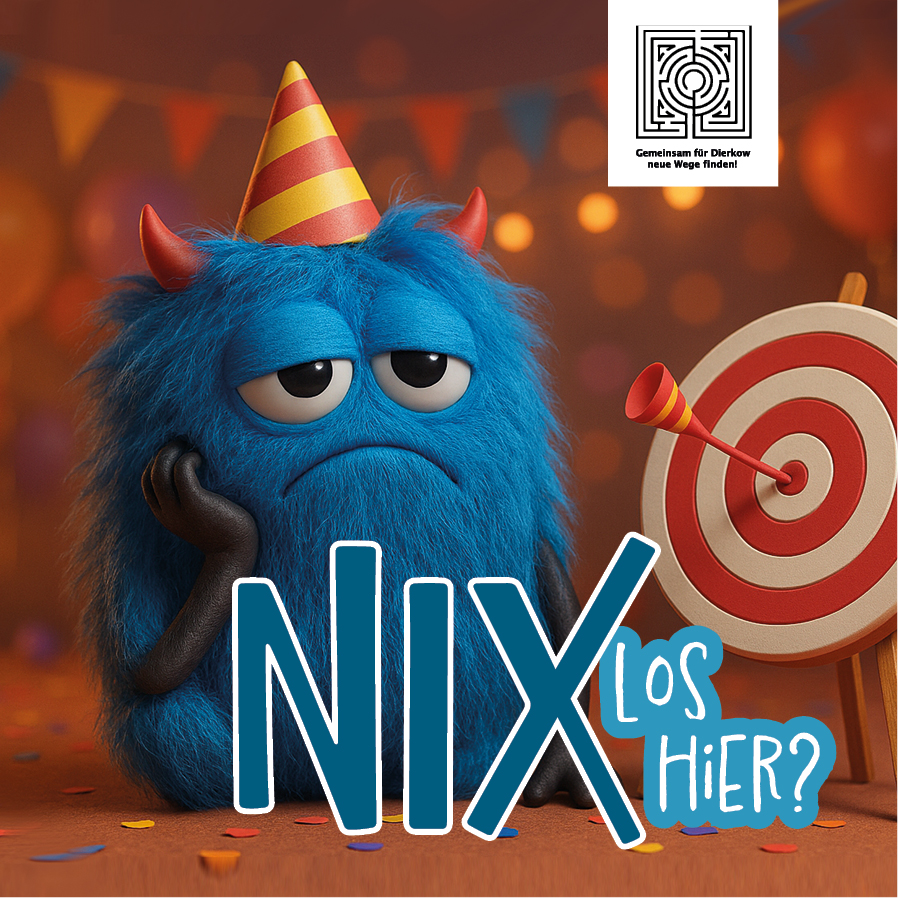 Blauer, pelziger Monstercharakter mit roten Hörnern und Partyhut sitzt gelangweilt vor einer Zielscheibe mit rotem Kreis